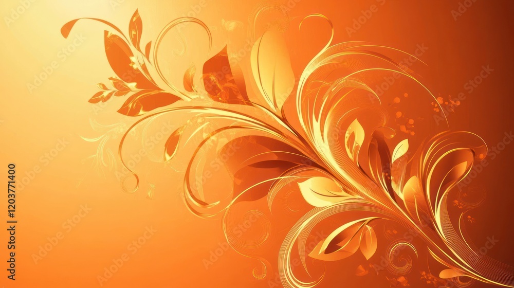Ornate golden floral design on orange background. Ornate golden floral design on orange background.