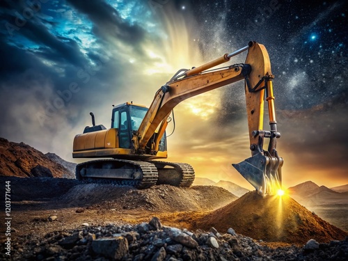 Wallpaper Mural Low Light Construction: Yellow Excavator Digging at Night, Hard Work, Progress Torontodigital.ca