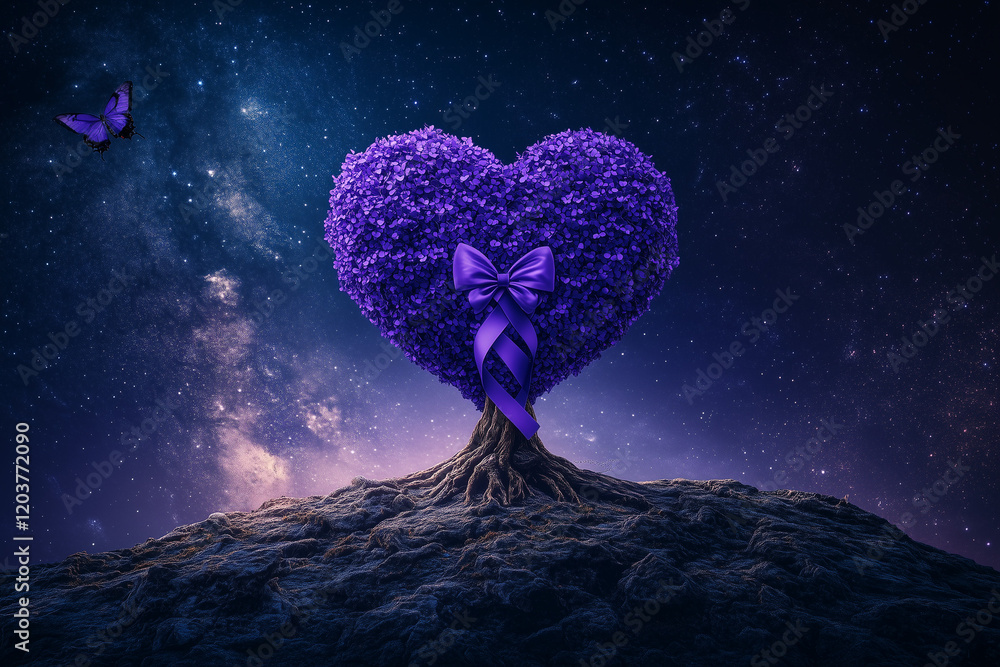 Lavender purple ribbon all kind of cancer awareness on heart tree with butterfly on Earth planet. Alzheimer's disease, Pancreatic cancer, Hodgkin's Lymphoma awareness. World Lupus Day and world cancer