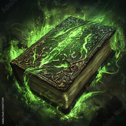 Dark and Ominous Book with Demonic Carvings and Glowing Green Energy, Evoking Mystery, Forbidden Knowledge, and Magical Power photo