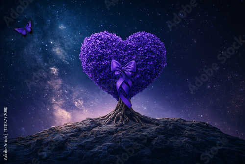 Obraz na płótnie Lavender purple ribbon all kind of cancer awareness on heart tree with butterfly on Earth planet. Alzheimer's disease, Pancreatic cancer, Hodgkin's Lymphoma awareness. World Lupus Day and world cancer w salonie