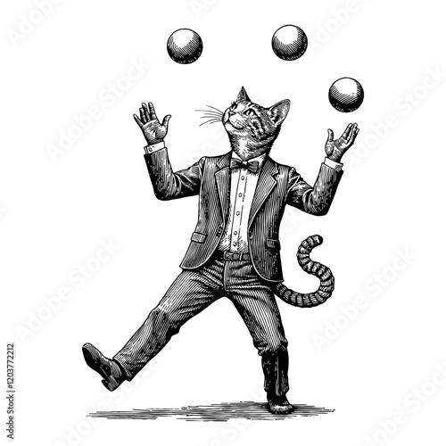 Cat Juggler in Suit with Three Balls Detailed Black and White Outline Line Art Drawing
