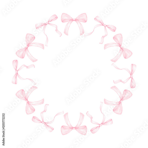 cute festive bows. Watercolor round frame on white background for textile, wrapping paper. Cute children's illustration in pastel colors
