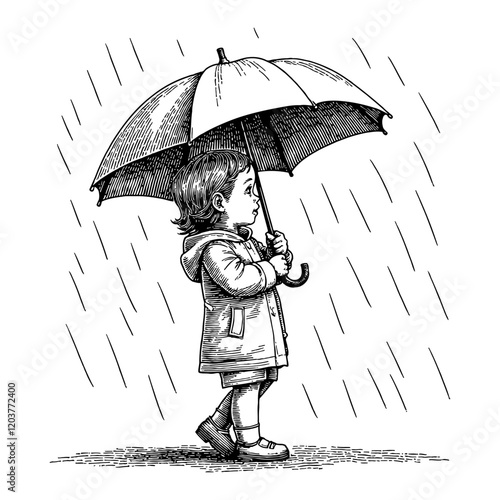 A Child with Umbrella Under The Rain Black and White Outline Line Art Drawing Side View