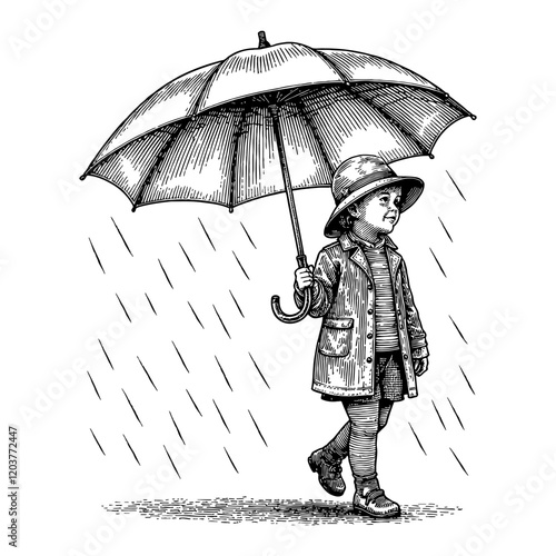 Child Holding Umbrella Under Rain Black and White Outline Line Art Drawing Detailed Illustration