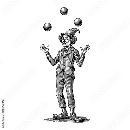 Clown Juggler with Three Balls in Circus Detailed Black and White Outline Line Art Drawing