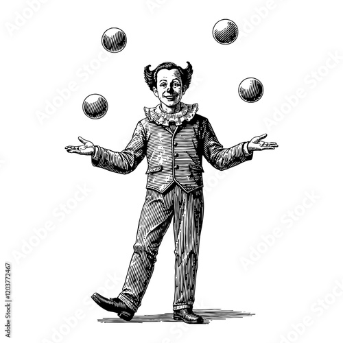 Clown Juggler with Three Balls in Vintage Style Black and White Outline Line Art Drawing