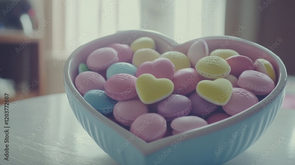 Pastel-Colored Heart-Shaped Macarons in a Bowl. Pastel-Colored Heart-Shaped Macarons in a Bowl.