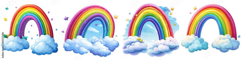 Vibrant Rainbows Arching Over Soft Clouds in a Colorful Cluster on a Bright and Cheerful Day Vibrant Rainbows Arching Over Soft Clouds in a Colorful Cluster on a Bright and Cheerful Day