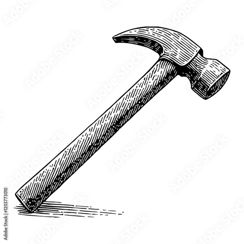 Detailed Hammer Tool in Black and White Outline Line Art Drawing Isolated on White Background