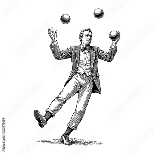 Juggler with Three Balls Balancing in Vintage Style Black and White Outline Line Art Drawing