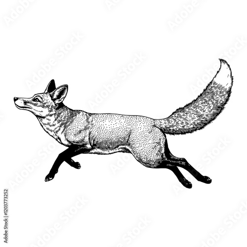 Jumping Fox Side View Detailed Black and White Outline Line Art Drawing Vector Graphic
