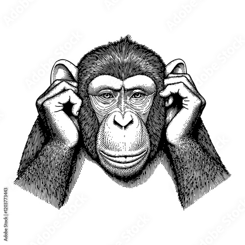 A Monkey Closing his Ears with Hands Front View Black and White Outline Line Art Drawing