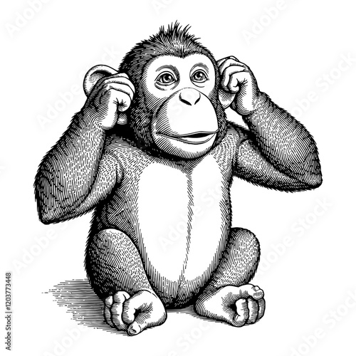 Monkey Covering Ears Sitting Black and White Outline Line Art Drawing Illustration