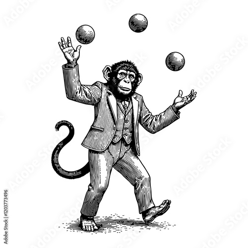 Monkey Wearing Suit Juggling Three Balls Black and White Outline Line Art Drawing