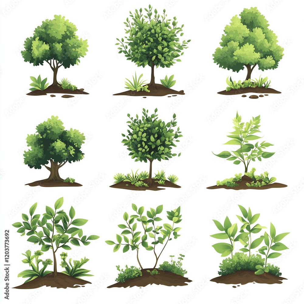 Fototapeta premium set of vector illustrations on a white background, with various types of trees and plants growing from the soil.