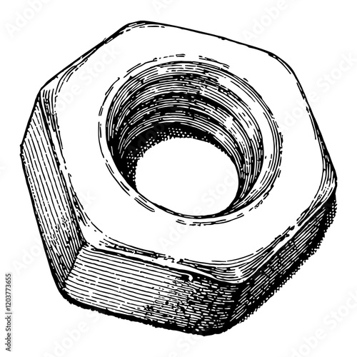 Detailed Metal Nut with Thread in Black and White Outline Line Art Drawing Illustration
