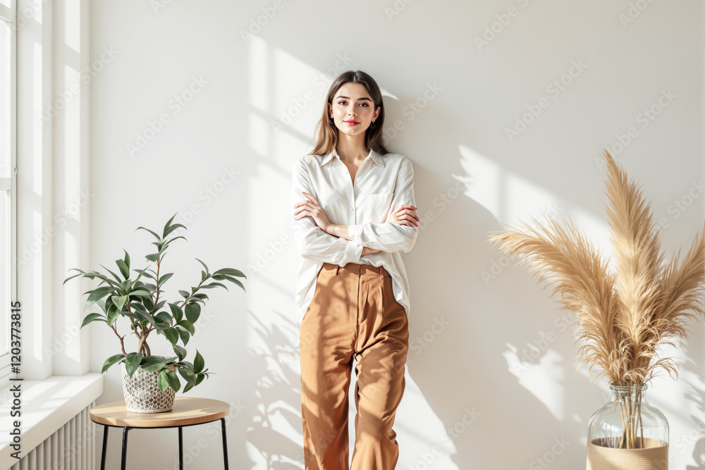 Elegant woman standing by white wall in sunlight with plants and decor. Elegant woman standing by white wall in sunlight with plants and decor.