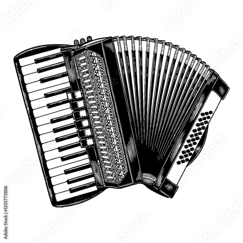 Piano Accordion Musical Instrument Detailed Black and White Outline Line Art Drawing