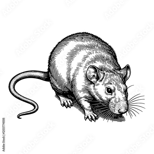 Rat with Detailed Fur and Tail in Black and White Outline Line Art Drawing