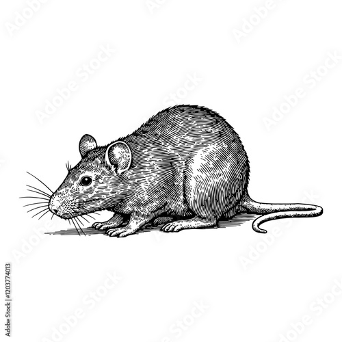 Detailed Rat with Side View in Black and White Outline Line Art Drawing Illustration