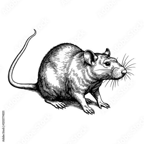 Detailed Rat with Long Tail Black and White Outline Line Art Drawing Isolated on White