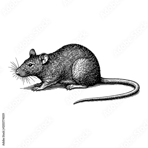 Rat with Side View in Detailed Black and White Outline Line Art Drawing Isolated on White