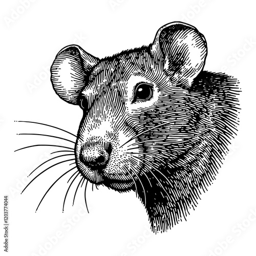 Rat Head Portrait in Detailed Black and White Outline Line Art Drawing Isolated Animal