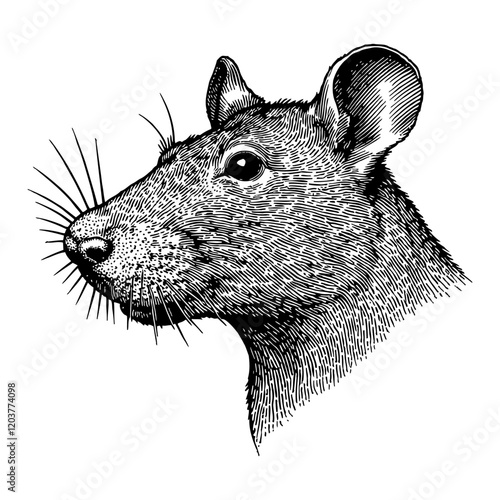 A Rat Head Portrait Side View Detailed Black and White Outline Line Art Drawing