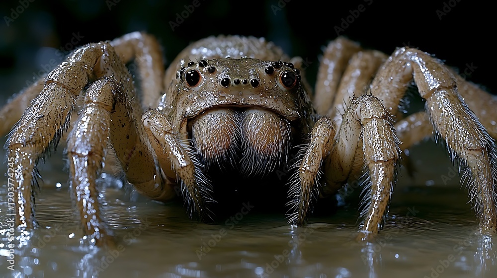 Hunter's Gaze: A macro shot captures the intense gaze of a huntsman spider with large, prominent eyes and a bristly, hairy body. Hunter's Gaze: A macro shot captures the intense gaze of a huntsman spider with large, prominent eyes and a bristly, hairy body.