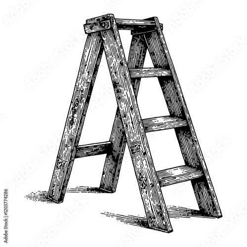 Wooden Stepladder Detailed Black and White Outline Line Art Drawing Isolated on White Background