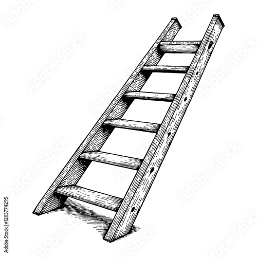 Wooden Stepladder with Side View Detailed Black and White Outline Line Art Drawing