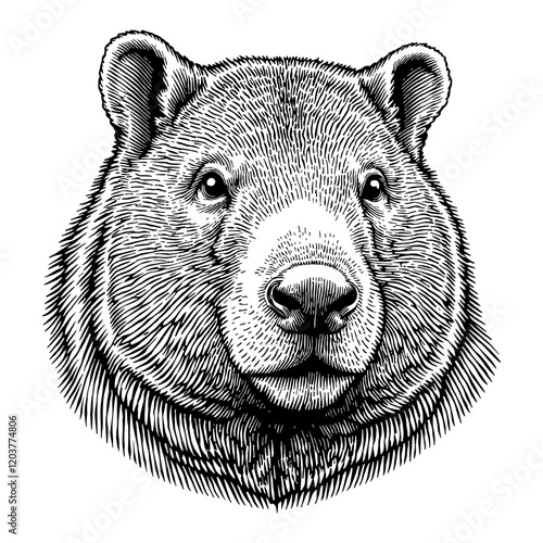 Detailed Wombat Head Portrait Black and White Outline Line Art Drawing Isolated on White