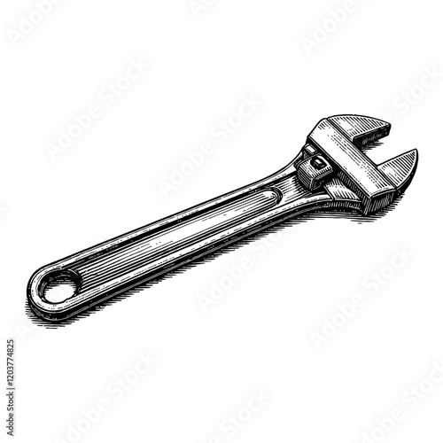 Adjustable Wrench Tool Detailed Black and White Outline Line Art Drawing Engrave Style Isolated