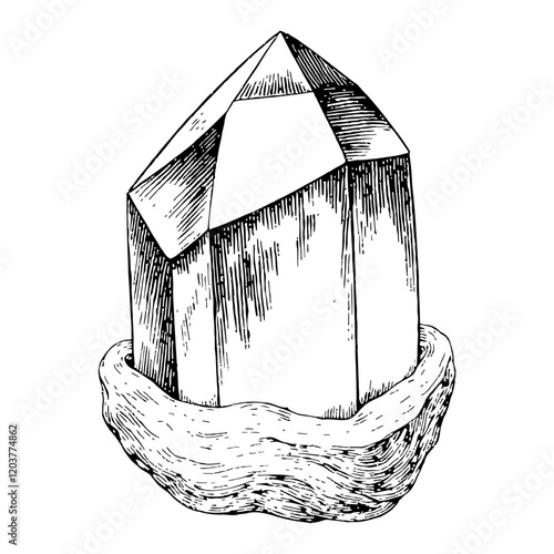 Amethyst Crystal Stone in Detailed Black and White Outline Line Art Drawing with Rough Texture