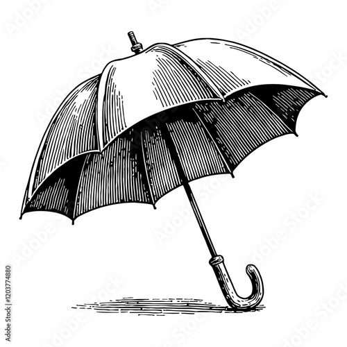 Open Umbrella in Detailed Black and White Outline Line Art Drawing with Antique Engraved Style