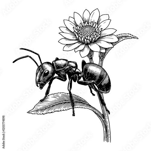 Detailed Ant Crawling on Flower Black and White Outline Line Art Drawing Engraved Style