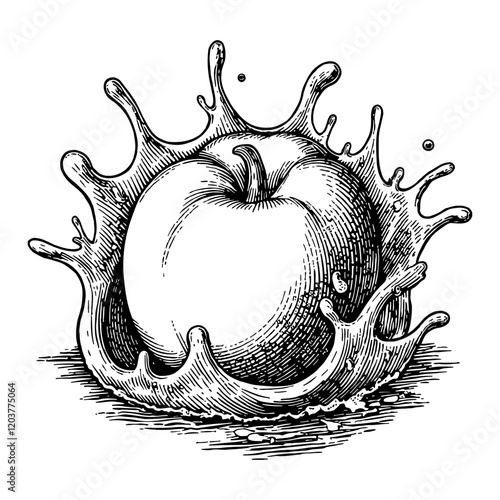 Apple with Water Splash Detailed Black and White Outline Line Art Drawing isolated object