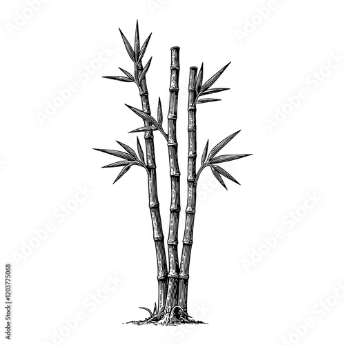 Bamboo Plant with Detailed Leaves Black and White Outline Line Art Drawing Engraving Style