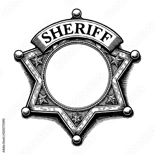 Blank Sheriff Badge with Star Shape in Detailed Black and White Outline Line Art Drawing