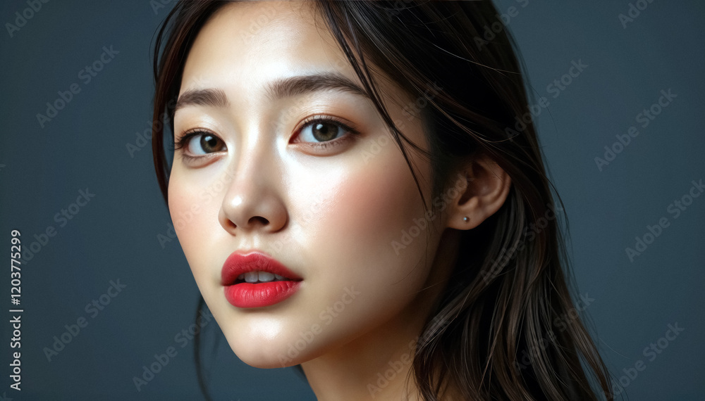 Fototapeta premium Close up portrait of young Asian woman with flawless skin and red lipstick dark hair frames face