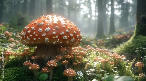 Enchanted Forest Fungi: A vibrant red toadstool with white spots takes center stage in a mystical forest scene. photo