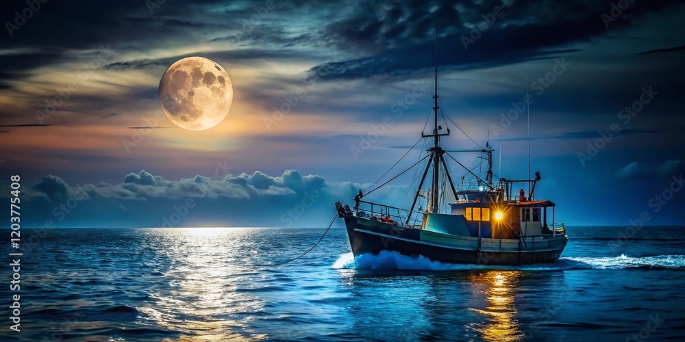 Fototapeta premium Low Light Trawl Fishing Boat at Sea - Dramatic Nighttime Fishing Scene