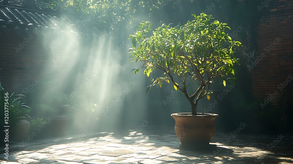 Sunlight Through the Leaves: A lone potted tree stands tall in a quiet courtyard, bathed in the warm, ethereal glow of sunlight filtering through leaves, creating a sense of peace and tranquility. 