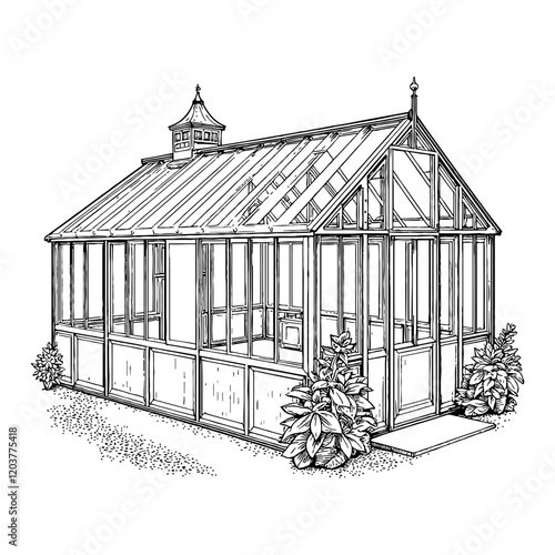 Empty Greenhouse Glasshouse Black and White Outline Line Art Drawing Detailed Isolated View
