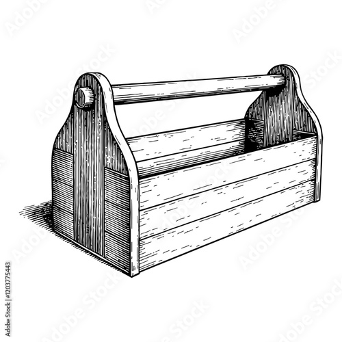 Empty Wood Toolbox Storage Container Detailed Black and White Outline Line Art Drawing