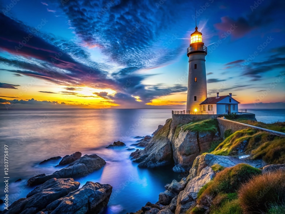 Fototapeta premium Luminous Lighthouse at Dusk, Azure Sky - Dramatic Coastal Scene