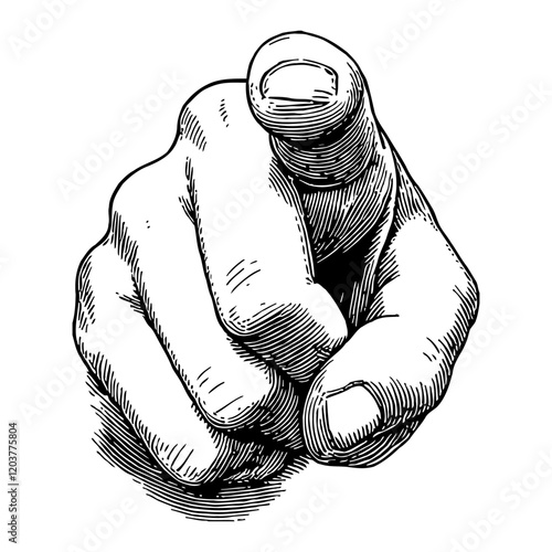 Hand Pointing Forward Finger in Detailed Black and White Outline Line Art Drawing