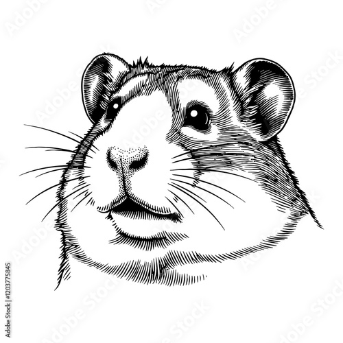 Hamster Head Portrait Detailed Close Up Black and White Outline Line Art Drawing