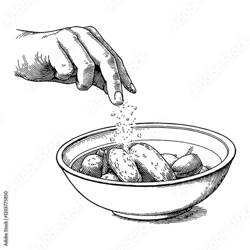 Hand Salting Potatoes in Bowl Detailed Black and White Outline Line Art Drawing